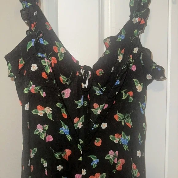 Zara Fruit Floral Black Silky Slip Mini Dress Strawberry Berries Size XS Spring - Picture 9 of 13